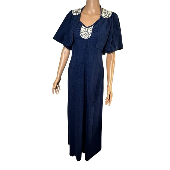 70s Navy Blue Maxi Dress Lace Trim Halter Peasant Praire cottage